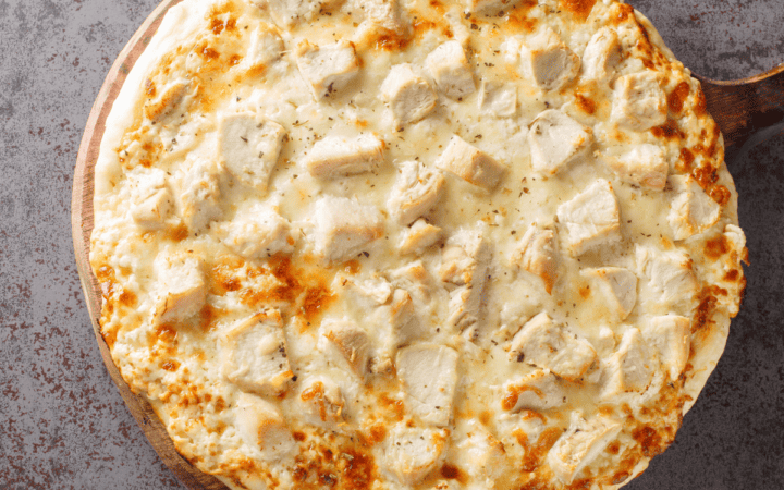 Overhead image of Chicken Alfredo Pizza