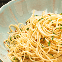 Close up image of Garlic Noodles in a bowl