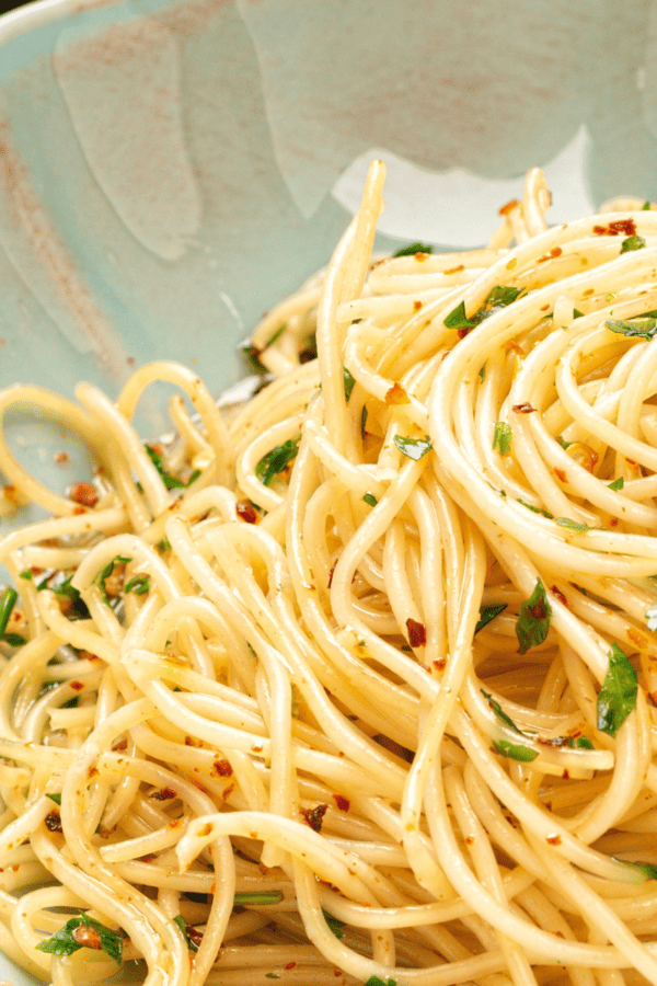 Close up image of Garlic Noodles in a bowl