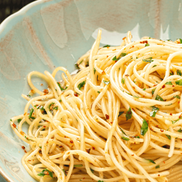 Close up image of Garlic Noodles in a bowl
