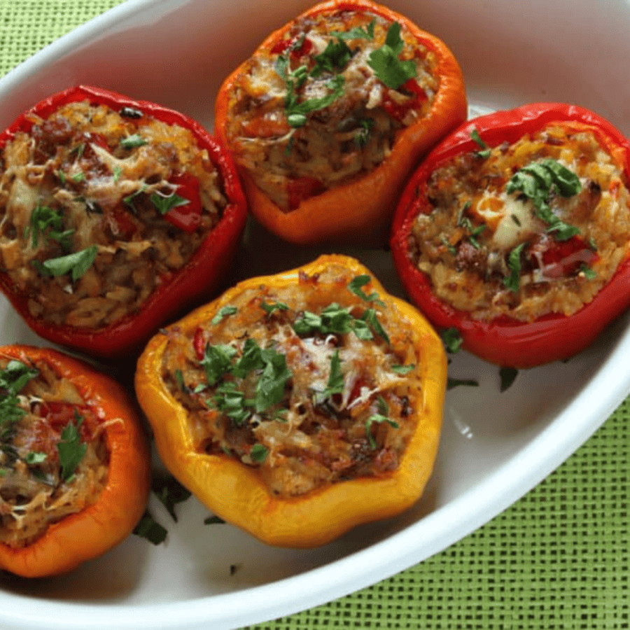overhead image of Keto Stuffed Peppers in a white baking dish