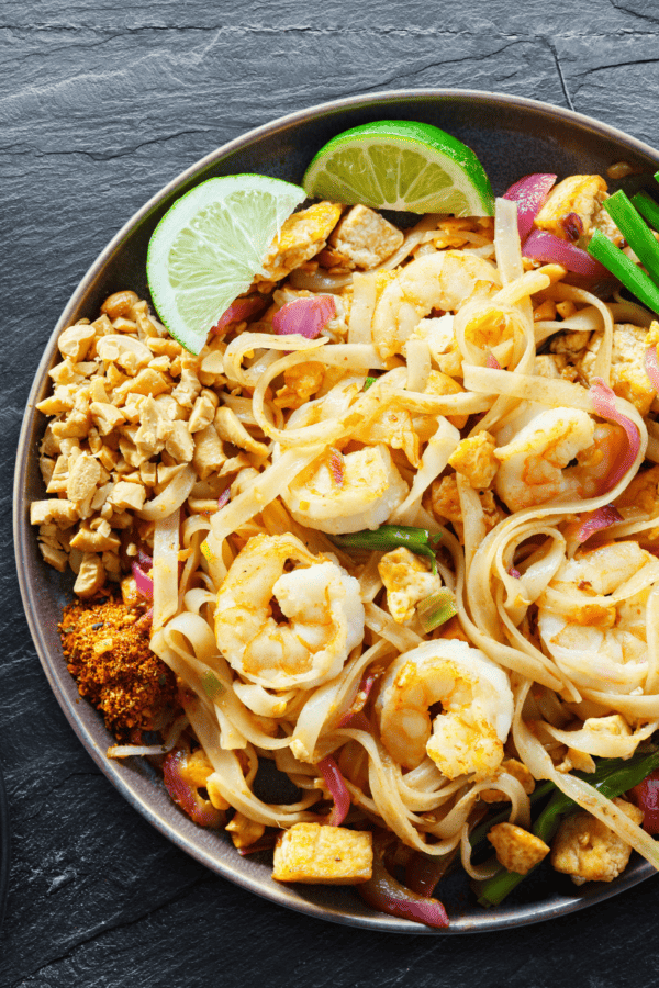 Overhead image of Shrimp Pad Thai in a bowl with garnish
