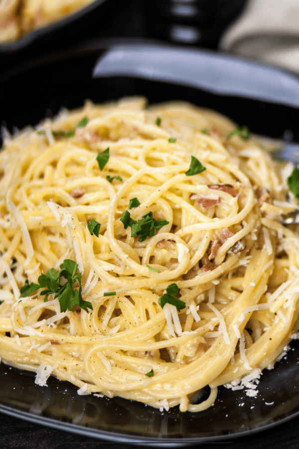 Overhead image of Spaghetti Carbonara on a black plate