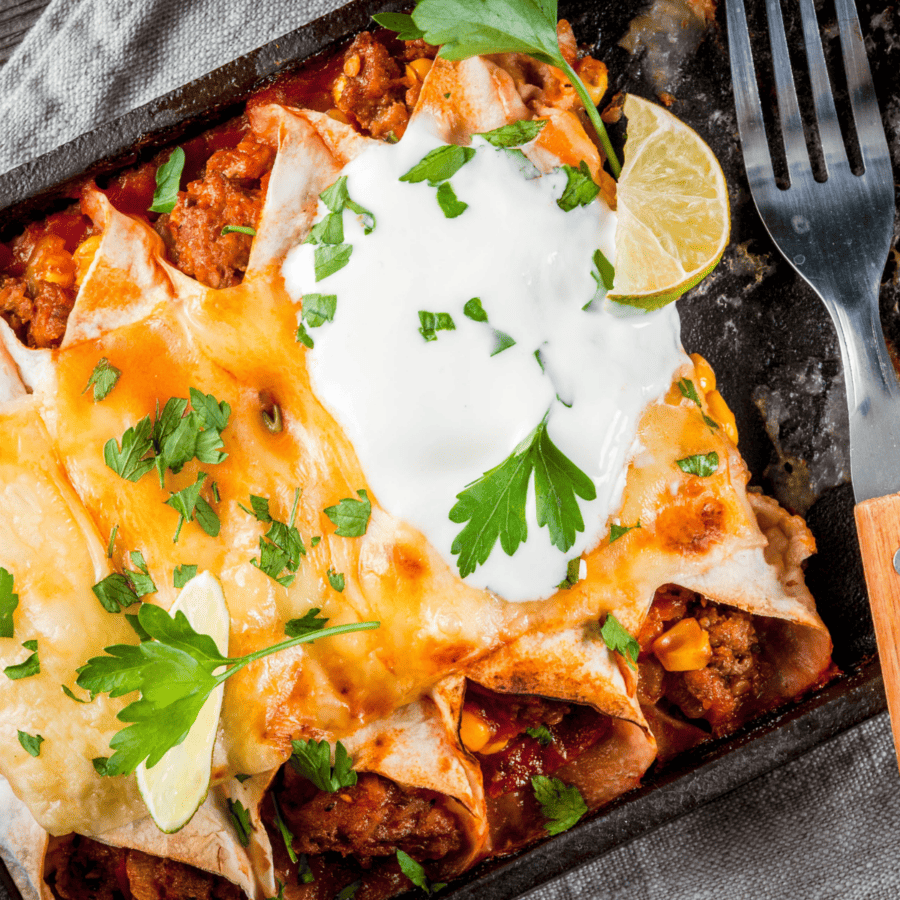 Overhead image of Vegetable Enchiladas in a baking dish