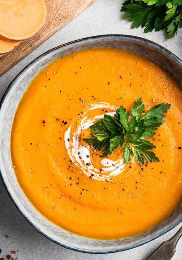 Overhead image of Sweet Potato Soup in a rustic bowl