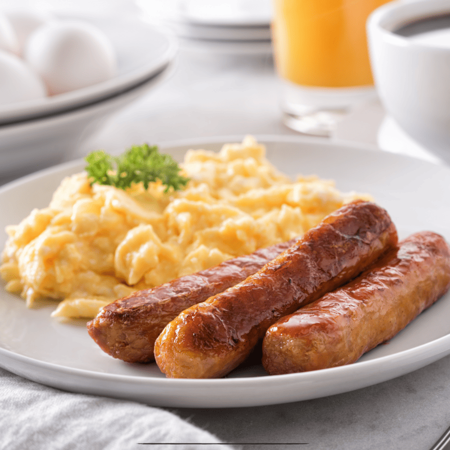 Air Fryer Sausage Links on a white plate with scrambled eggs