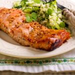 Hot Honey Salmon on a plate with veggies