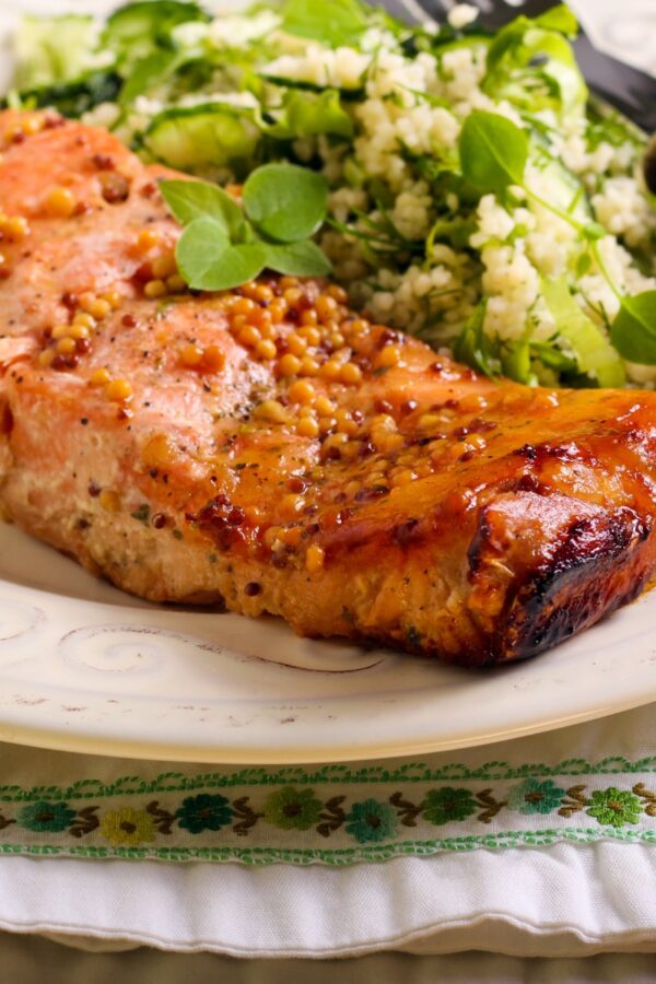 Hot Honey Salmon on a plate with veggies