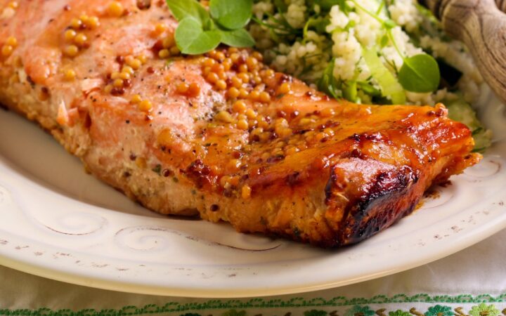 Hot Honey Salmon on a plate with veggies