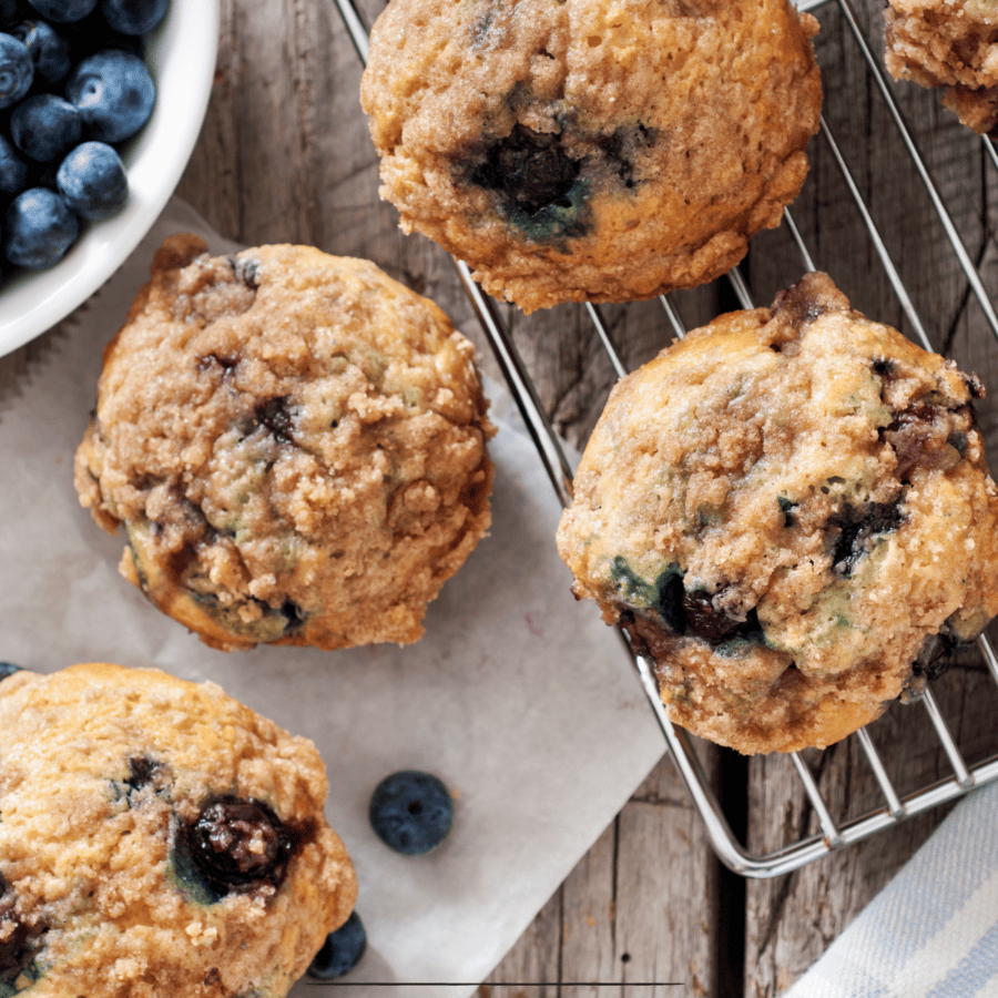 overhead image of lemon blueberry muffins on a metal cooling rack