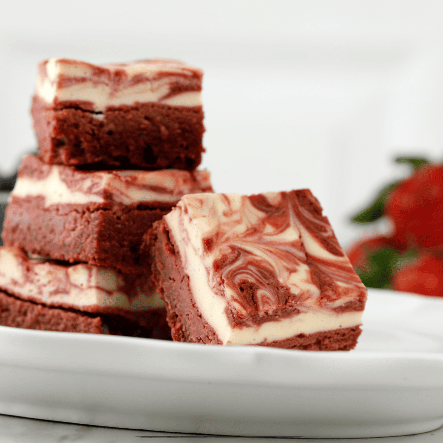 Close up image of red velvet cheesecake brownies