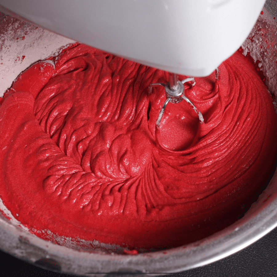 خمیر براونی قرمز مخملی در یک کاسه مخلوط می شود