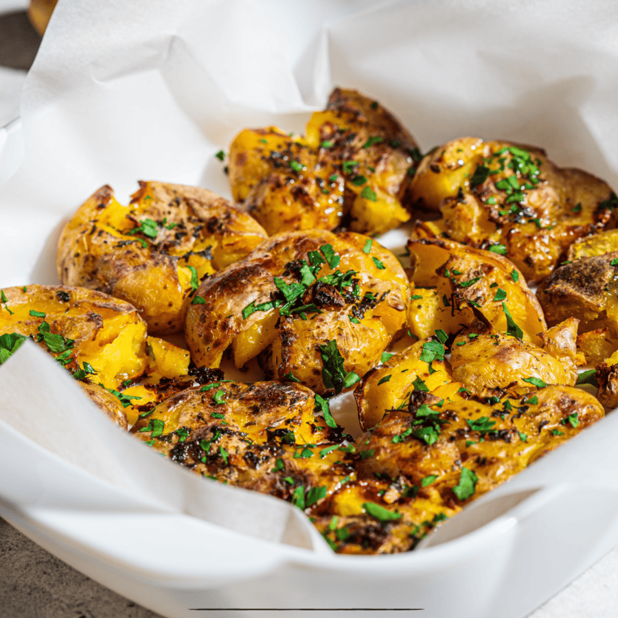 air fryer smashed potatoes in a baking dish with parchment paper