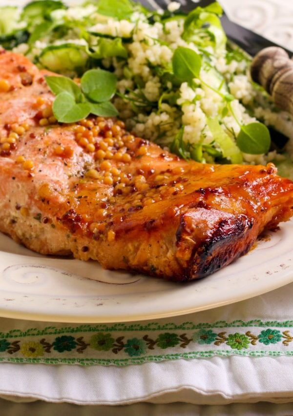 Hot Honey Salmon on a plate with veggies