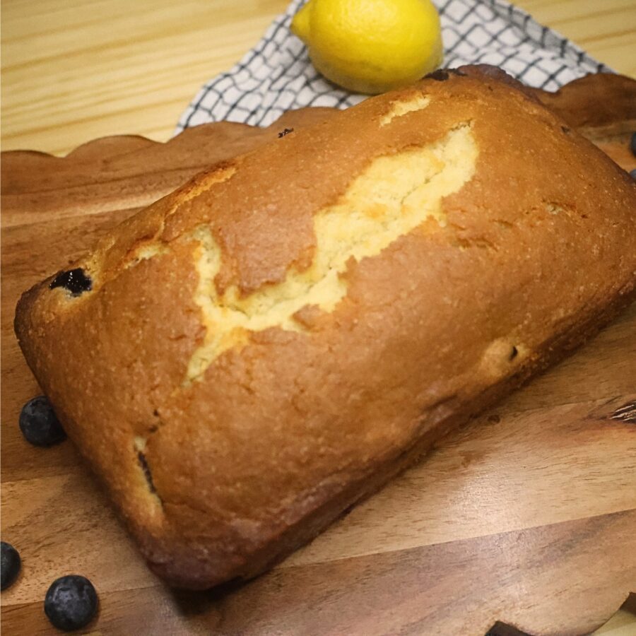 Blueberry loaf cake baked and removed from the loaf pan