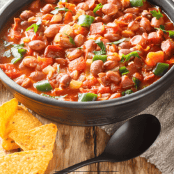 Charro Beans in a bowl with chips and a spoon sitting next to it