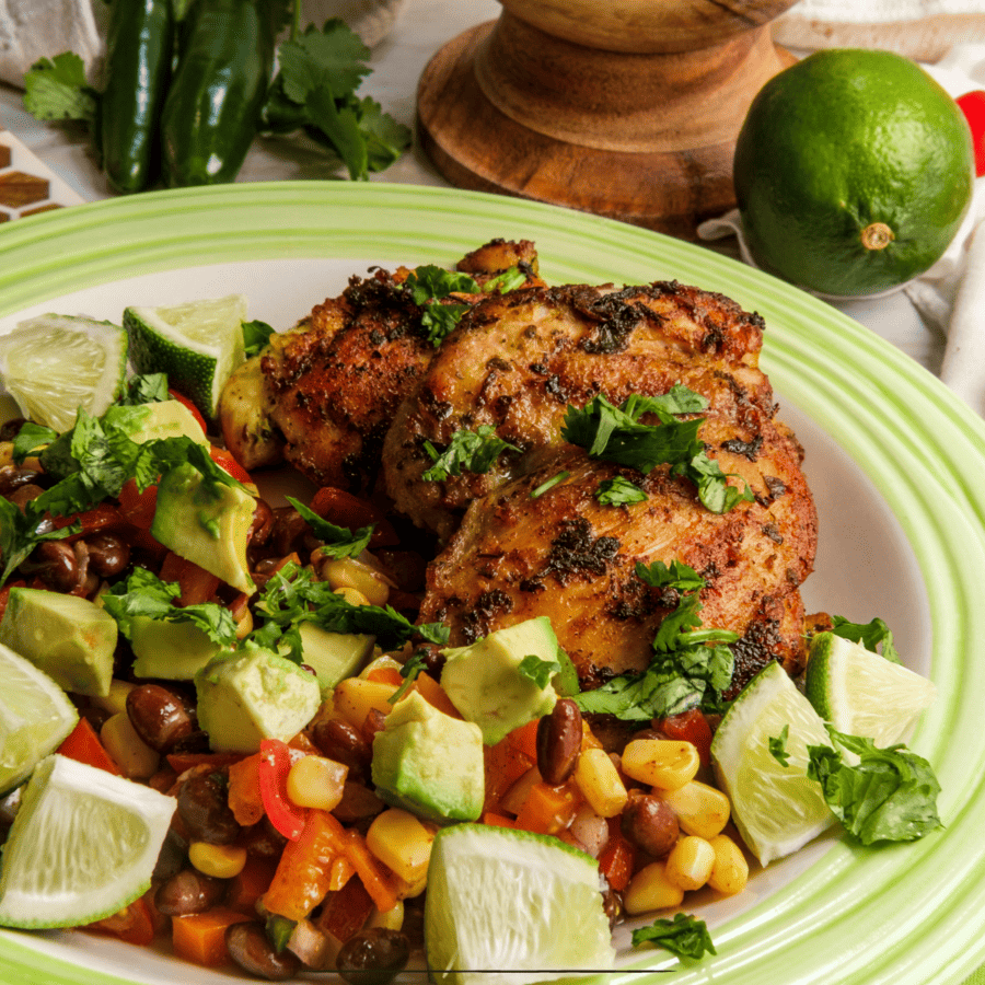 Overhead image of Cilantro Lime Chicken with corn salsa and chopped lime 