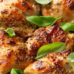 Close up image of honey mustard chicken thighs