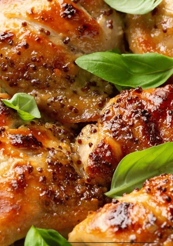 Close up image of honey mustard chicken thighs