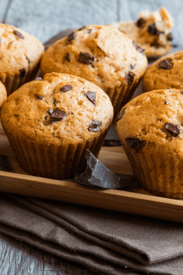 Chocolate Chip Muffins on a wooden serving tray