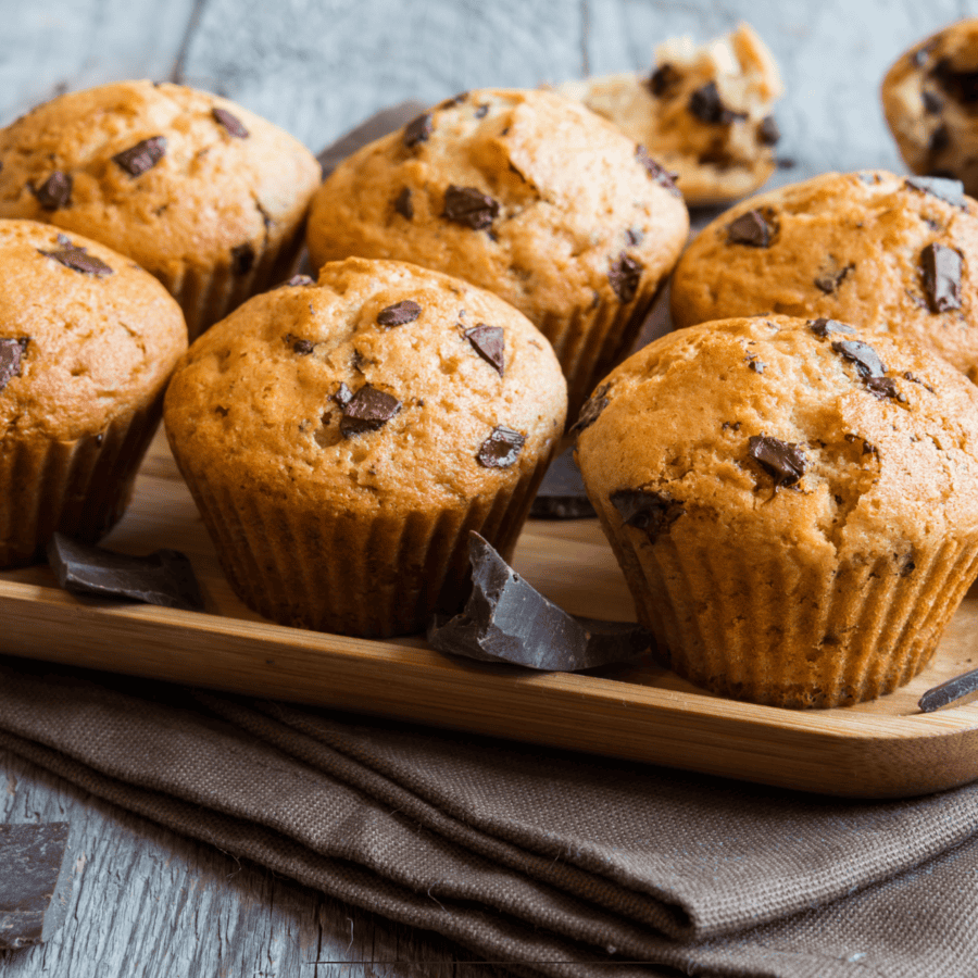 Chocolate Chip Muffins on a wooden serving tray