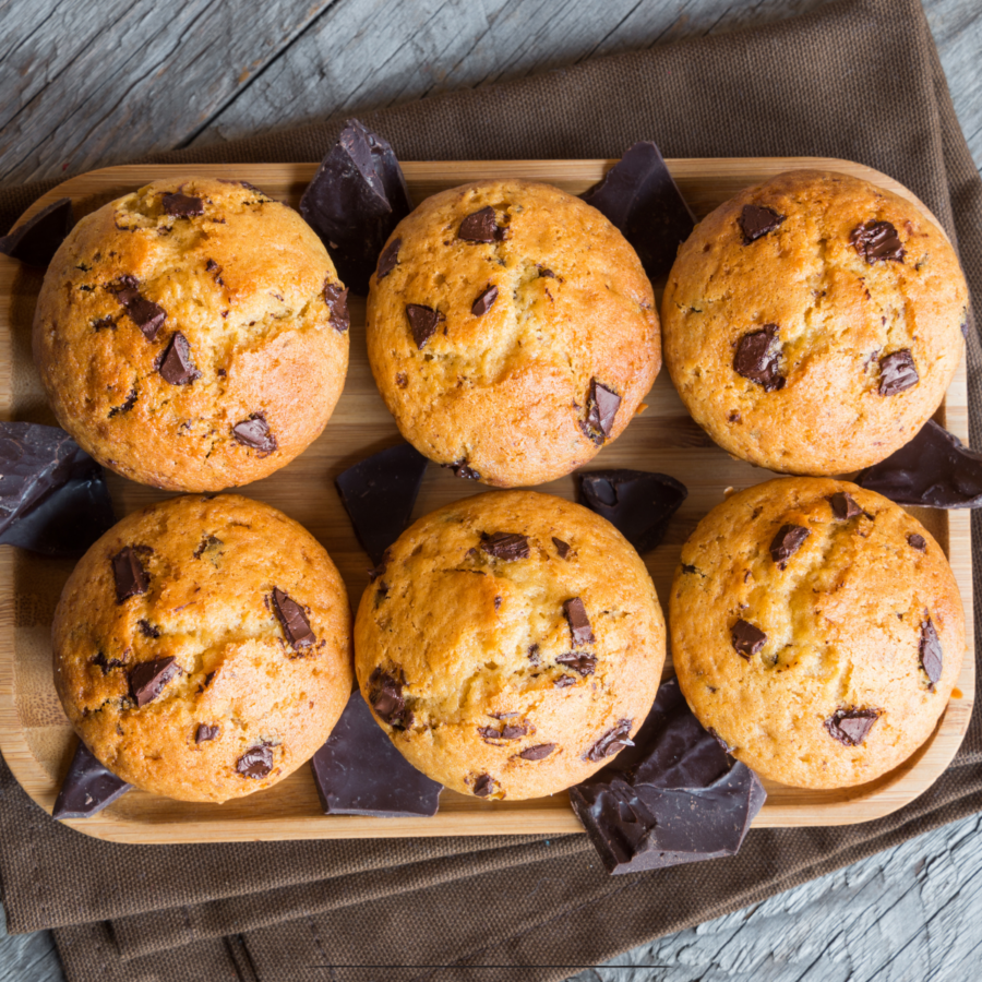Overhead image of chocolate chip muffins on a wooden serving tray
