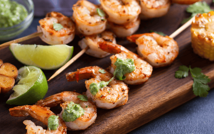 Close up image of cilantro lime shrimp on skewers