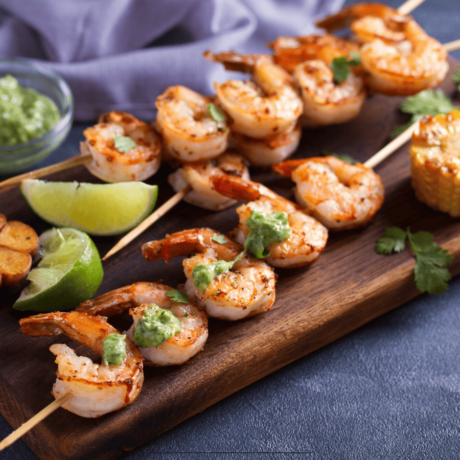 Close up image of cilantro lime shrimp on skewers