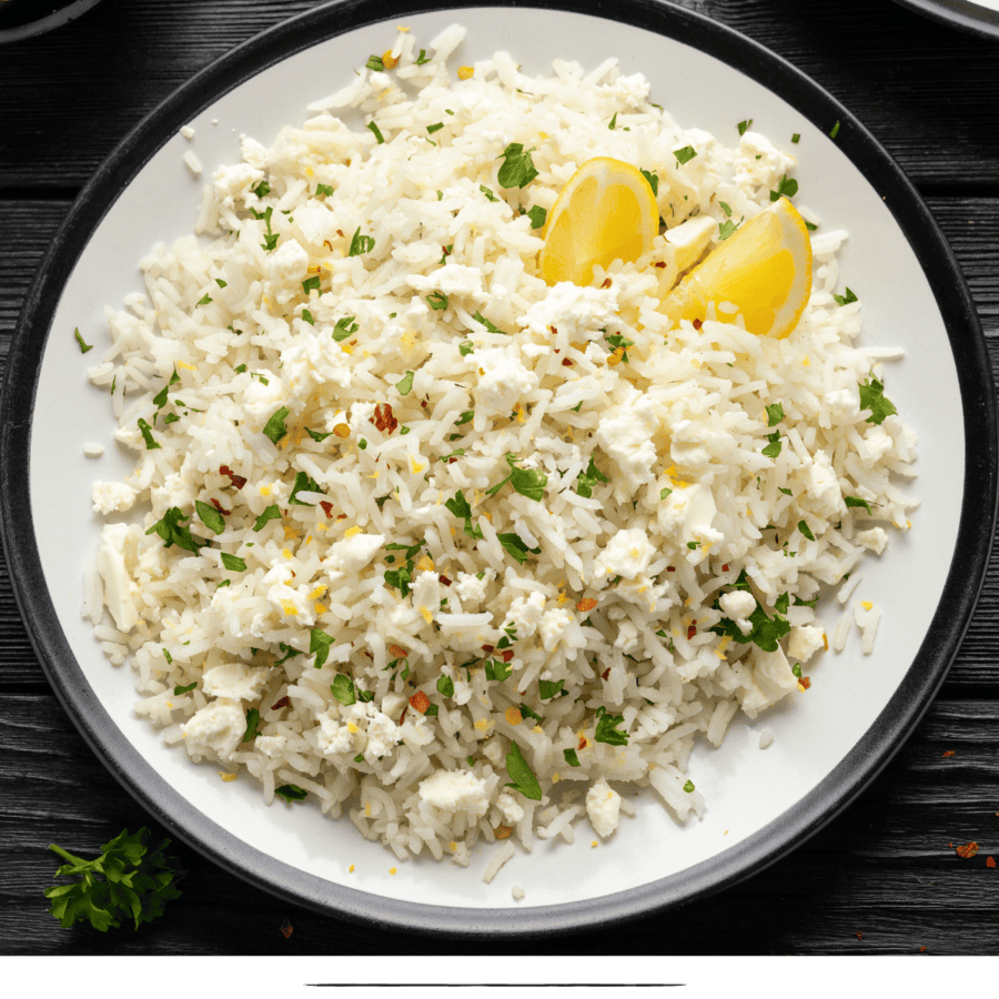 Close up overhead image of Greek rice on a white plate