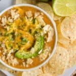 Overhead image of Green Chicken Enchilada Soup in a bowl - 15