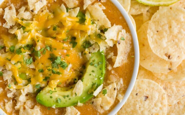 Overhead image of Green Chicken Enchilada Soup in a bowl