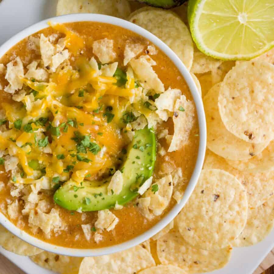 Overhead image of Green Chicken Enchilada Soup in a bowl 