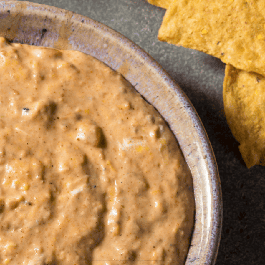 Close up image of refried bean dip in a bowl with chips