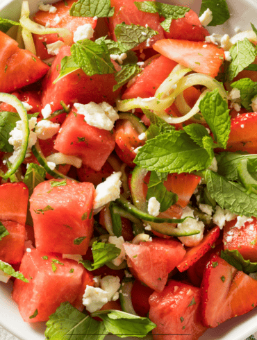Overhead image of Watermelon Feta Salad on a white bowl