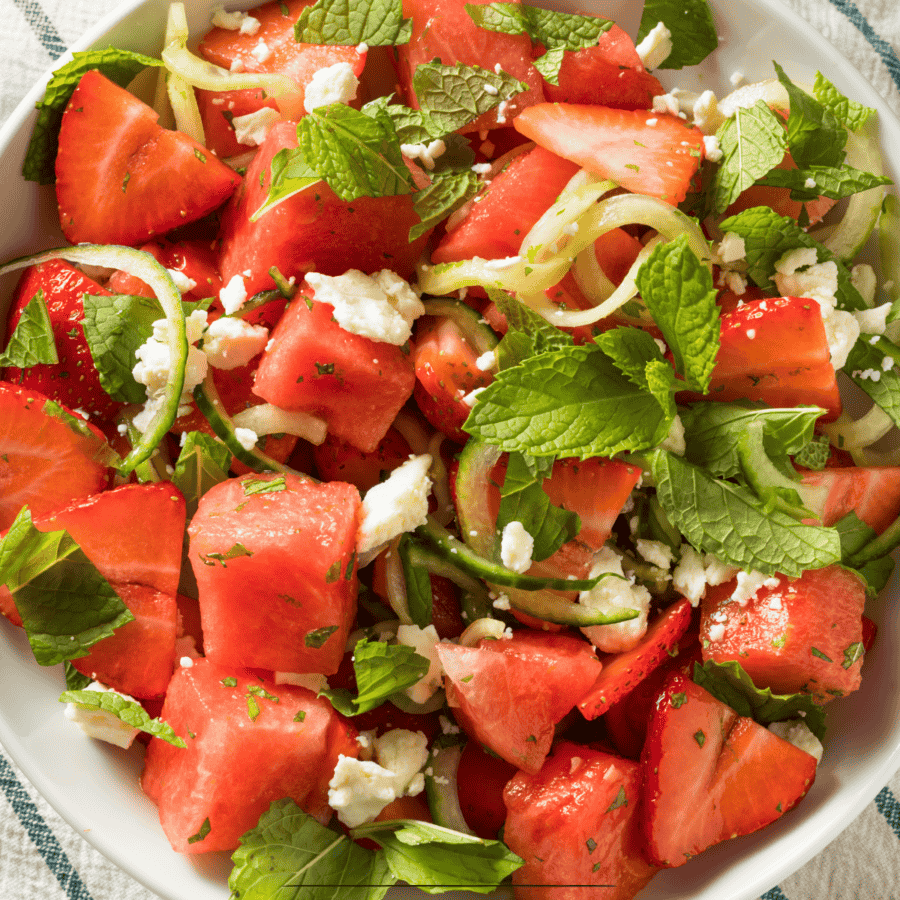 Overhead image of Watermelon Feta Salad on a white bowl