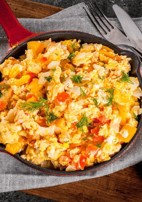 Overhead image of a Breakfast Scramble in a red skillet