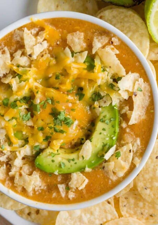 Overhead image of Green Chicken Enchilada Soup in a bowl