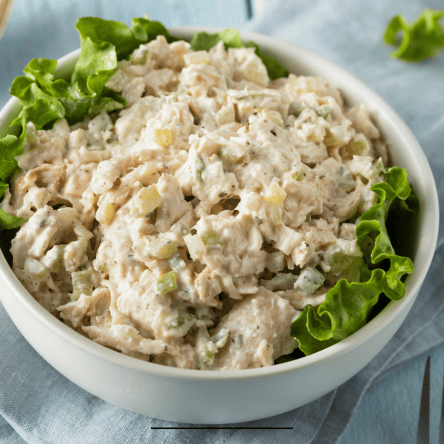 Side view of a bow of Canned Chicken Salad