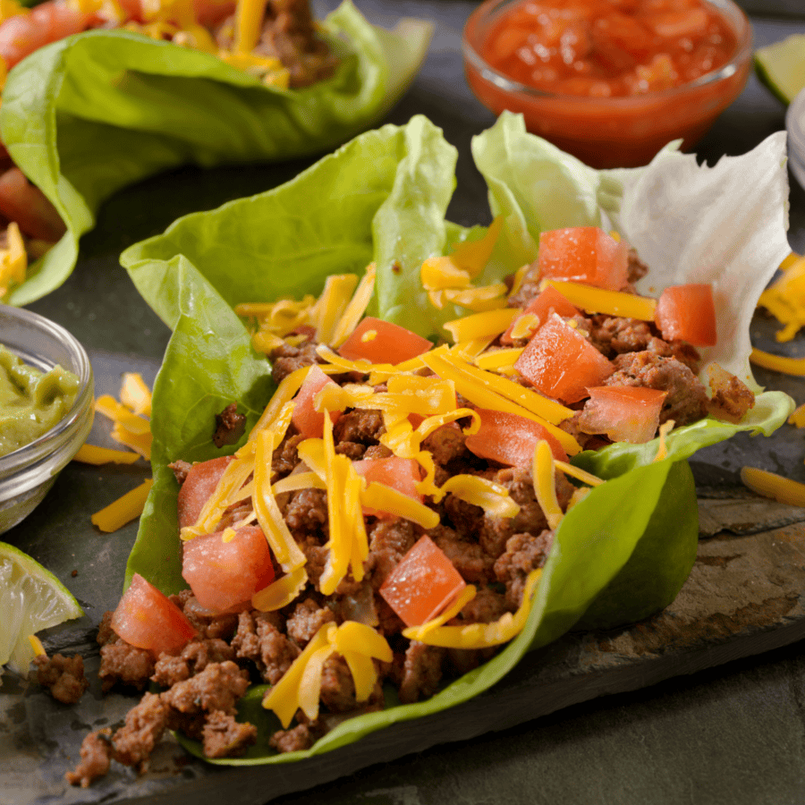 Ground Beef Lettuce Wraps with taco toppings