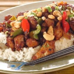 Cashew chicken Kung Pao Chicken on a bed of rice
