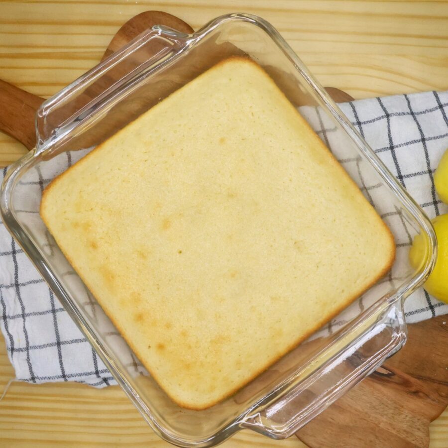 Baked lemon brownies in a glass pan
