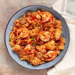 Catalan cuisine Overhead image of Paella on a plate