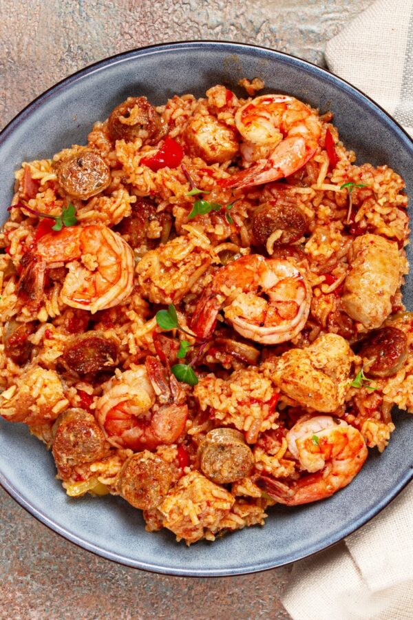 Overhead image of Paella on a plate