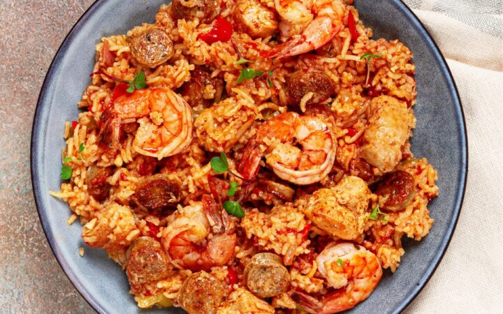 Overhead image of Paella on a plate