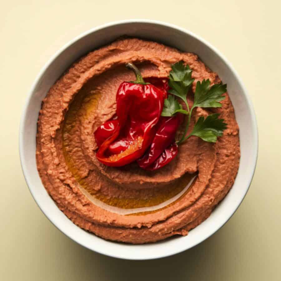 Overhead image of Roasted Red Pepper Hummus in a white round bowl