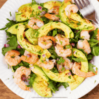 Overhead image of a shrimp salad on a white plate