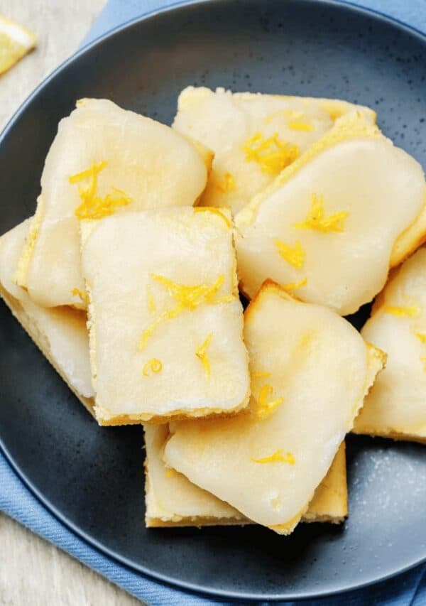 Overhead image of Lemon Brownies on a blue plate