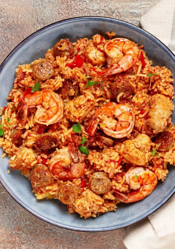 Overhead image of Paella on a plate