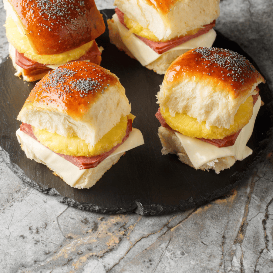 Overhead image of Breakfast Sliders on a black platform