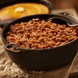 Large Cast Iron Pot full of Baked Beans